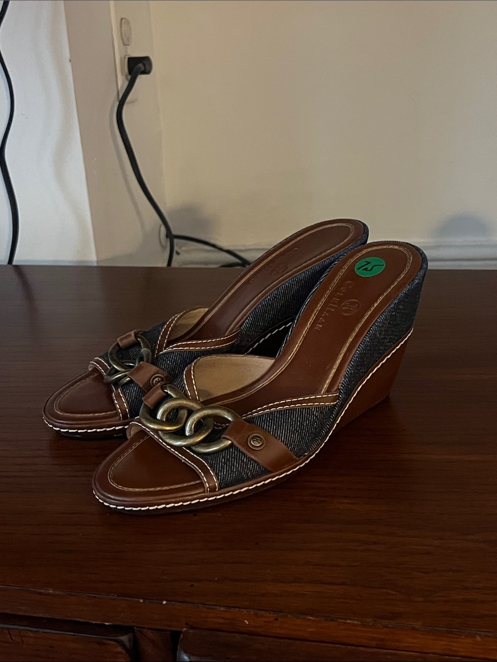Cole Haan Brown Leather & Dark Denim Slide Mules with Gold Chain